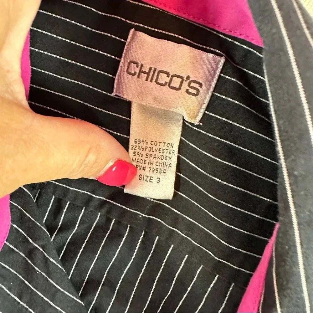 chico's black white pin stripe tunic sz 3 (XL 16) pink contrast collar